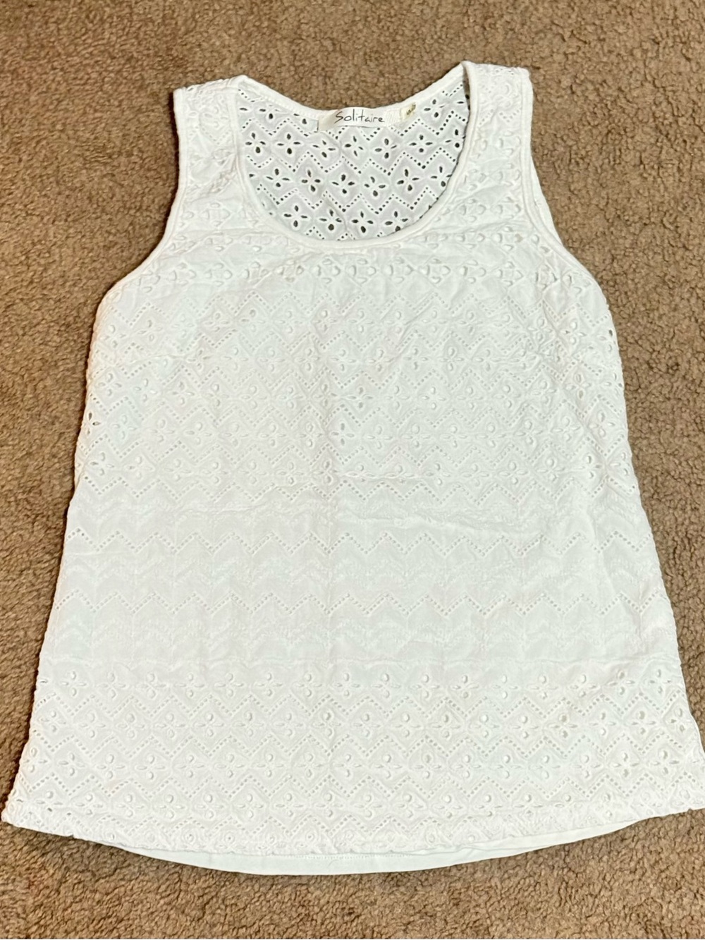 Solitaire White Eyelet Tank Top Ruched Scoop Neck Women’s SIZE S